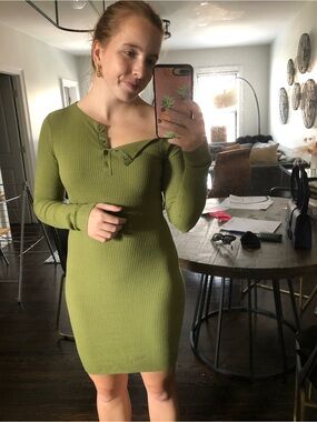 Henne Ribbed Olive Green one shoulder Long Sleeve Dress